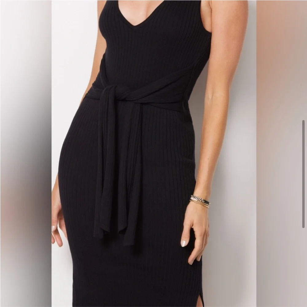 Good American Belted Ribbed Knit Sleeveless Dress Size 4 Black - Picture 5 of 5